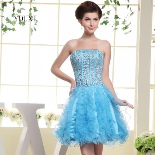 Sexy Strapless Short Prom Dresses 2019 Hot Ice Blue Tulle Crystal Cocktail Party Dress For Women PD109