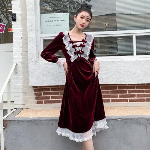 Spring and Autumn Vintage Wine Red Velvet Dress Female Long-Sleeved Sexy Lace Patchwork Flared Sleeves Party Evening Dress