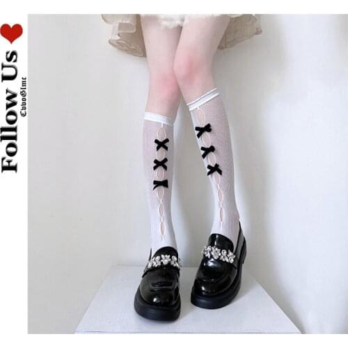 Japanese Cute Bowknot Calf Socks Female Lolita Kawaii Hollow Breathable White Tube Socks Summer Skirt Bottoming Stockings Woman