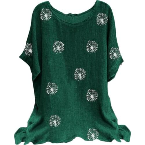 Women Summer Casual Blouse Top O Neck Short Sleeve Dandelion Print Loose T-shirt