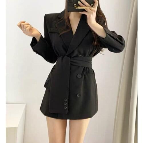 Women Blazers Sashes Lace Up Formal Long Jackets Notched Outwear England Style OL Tops Blazer