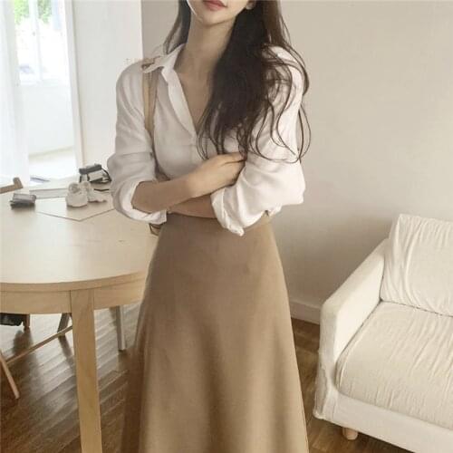 Korean Minimalist Two Piece Set Women Skirt for Autumn Long Sleeve Blouses and High Waist Long Skirt 2 Piece Set Women Outfits