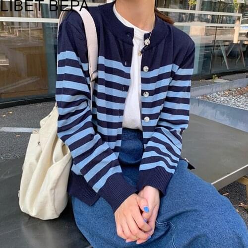 New 2020 Womens Autumn Winter Sweater Buttons Short Cardigans Knitted Korean Striped Knitwear Vintage Wild Ladies Tops SWC6687