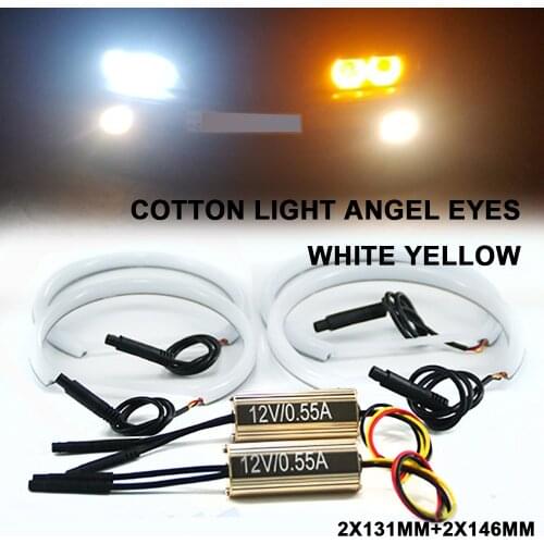 2x(131mm+146mm) White Yellow Angel Eyes Cotton Light Headlights Kit For BMW E90 E91 E46 Non-Projector LED SMD Halo Ring DRL