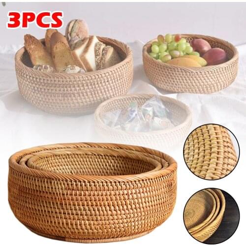3PCS Hand-Woven Storage Basket Rattan Storage Tray Wicker Baskets Bread Fruit Food Breakfast Display Box Handicrafts Decoration