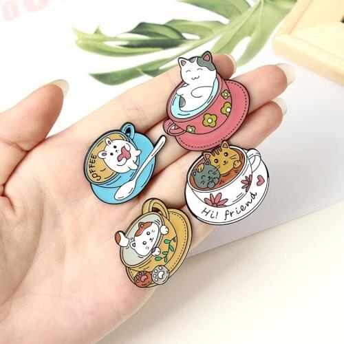 4 style creativity Cat decoration coffee cup Enamel Brooch Cute tableware Animal jewelry Lapel Pin Denim shirt Bag fashion Badge
