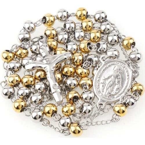 5mm Stainless Steel Titanium Catholic Rosary Beads Necklace Jewelry Religious Bead Blessed Virgin Mary with Jesus Cross