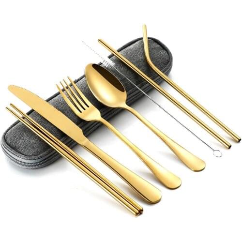 7pcs Dinnerware Set Travel Cutlery Set Reusable Tableware With Metal Straw Spoon Fork Chopsticks Kitchen Accessories With Case