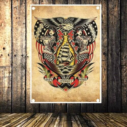 Safe Journey Vintage Banners Flag Canvas Painting American Neo Traditional Tattoo Gun Art Poster Tapestry 4 Gromments in Corners