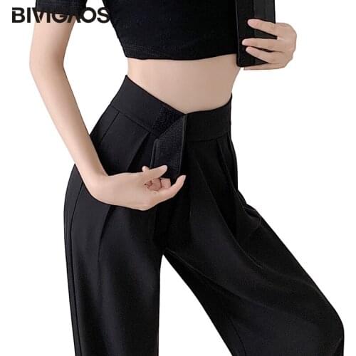 BIVIGAOS Black Suit Wide Leg Pants Womens Summer Thin HOOk&LOOP High Waist Drape Loose Ice Silk Casual Straight Leg Long Pants