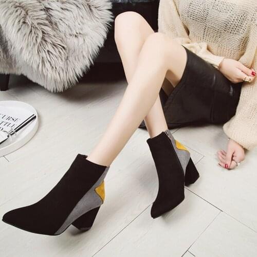 Sequins Short Boots Womens Leather Boot Lady Winter Retro Chelsea Boots High Heel Shoes Rome Style Casual Botas Pointed U22-10