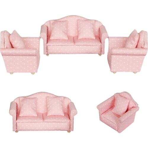 Wooden Mini Pink Sofa & Cushion Furniture for 1:12 Doll House Decorative