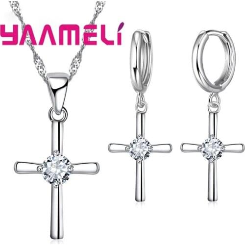 Fine 925 Sterling Silver Jewelry Sets Cross Clear Cubic Zircon Paved Charms Necklace Hoop Earrings for Women Girls