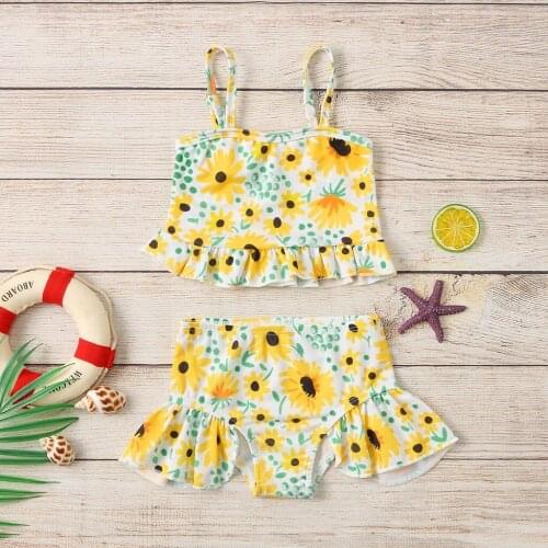 TELOTUNY Swimwear Baby Kids Girls Ruffle Sunflower Print Strap Two Piece Swimsuit Tops Shorts Bikini Set Childrens Bathing Suit