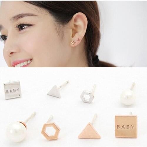 Little Hollow Square Triangle Hexagon Simulated Pearl KC Golden Silver Plated Women Asymmetrical Stud Earrings 4 pcs/set