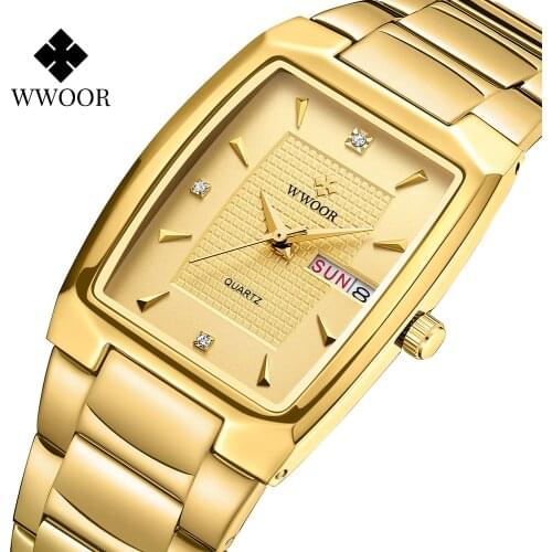 WWOOR New Gold Watch Men Top Brand Luxury Diamond Square Mens Watches Waterproof Stainless Steel Quartz Wrist Watch Reloj Hombre