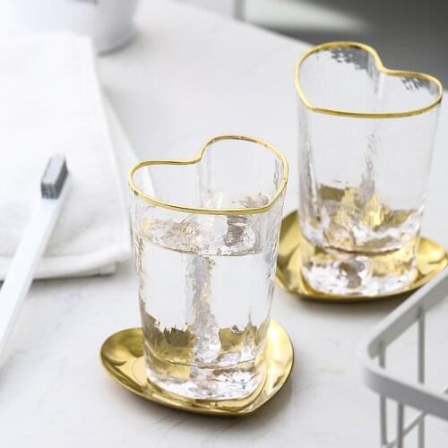 Bathroom Cup Set Love Shaped Glass Wash Cup Set Golden Storage Tray Couple Toothbrush Cup Tooth Bucket Creative Cute