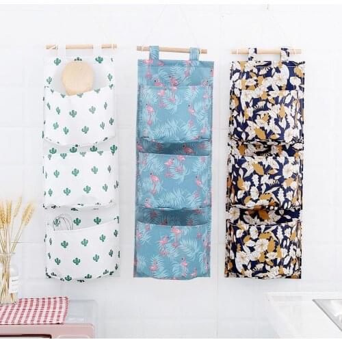 Wall Hanging Storage Bag Fabric Wooden Rope Room Bathroom Toilet Newspaper with 3-Pocket Closet Organizer