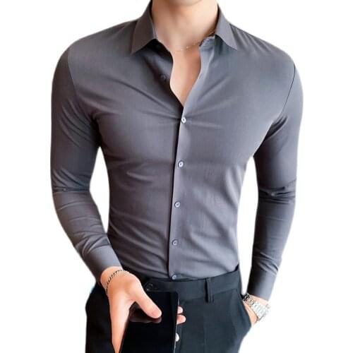 2021 autumn new non-marking laminating process solid color non-iron long-sleeved shirt slim men