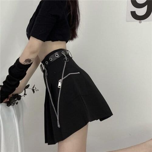 New Arrival Gothic Punk Harajuku Women Zipper Chain Skirts Casual Chic Black Grey Pleated Female Fashion Mini Skirts