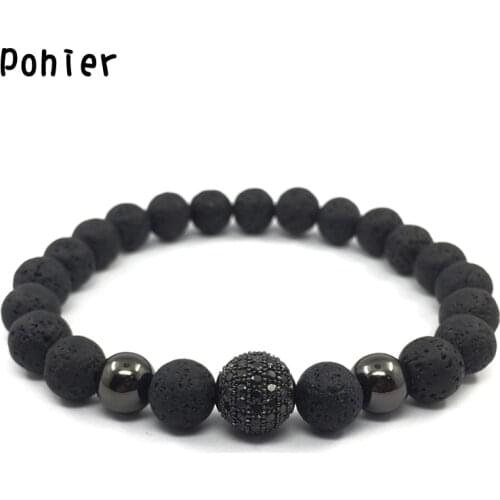 POHIER New Fashion Luxury Micro Pave CZ Lava Beads Bracelets Natural Stone Beads Chams Bracelets For Men Women Jewelry Gift