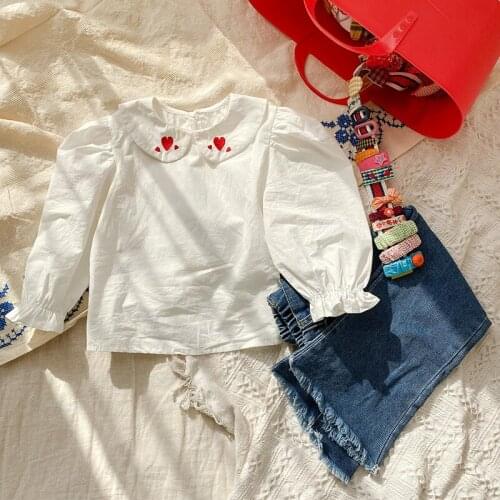 Baby Girls Blouse Kids Toddler White Long Sleeve Cotton Peach Heart Turn Down Collar Korea Style Fall Shirts Children Clothes