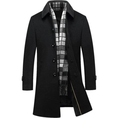 Autumn Winter Wool Coat Men Business Casual Scarf Collar Long Windbreaker Jacket Single Breasted Black Woolen Coat Male 4XL