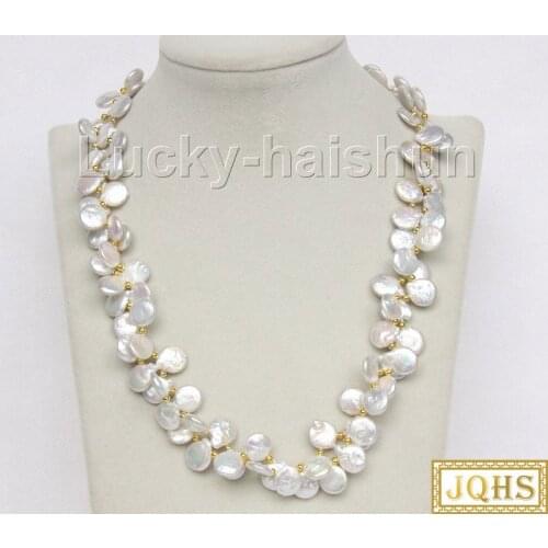 Luster 19" 2row 11mm natural coin white freshwater pearls beads Strand necklace j9848