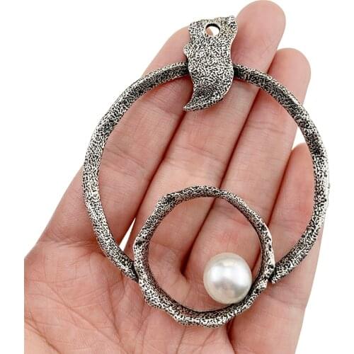 2 x Antique Silver Color Large Round Hollow Open Imitation Pearl Charms Pendants for Necklace Jewellery Making 79x64mm
