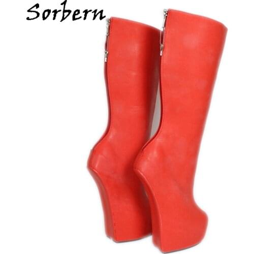 Sorbern Lockable Red Back Open Zip Knee High Boots Lady Heavy Hoof Sole Heelless Locking Knee Hi Fetish Heel Boots Women Unisex