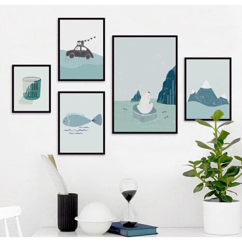 Nordic Simple Kawaii Little Arctic Bears and Fish A4 Canvas Painting Art Print Poster Picture Home Wall Decor Mural