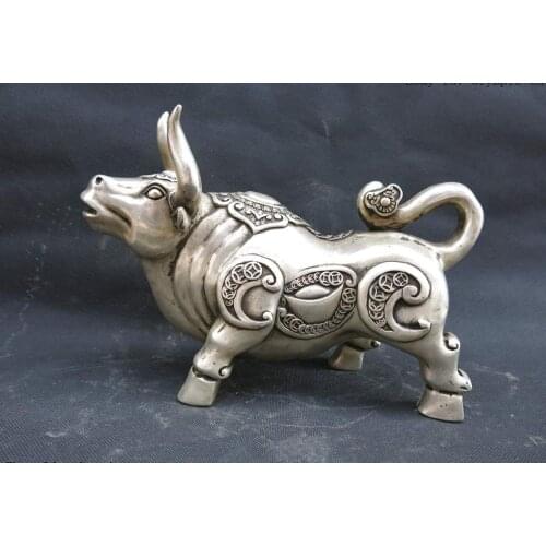 Finely China silver carved luck money ox Bull Sculpture Statue