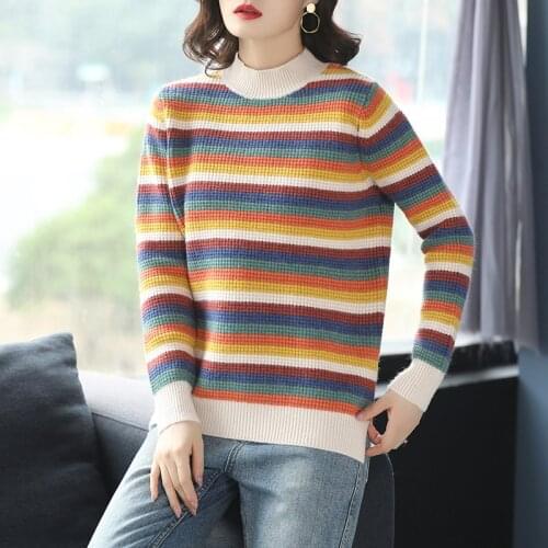 Women Patchwork Colors Thick Sweater Pullovers Lady Autumn Winter Fashion Striped Warm Long Sleeve Sweater