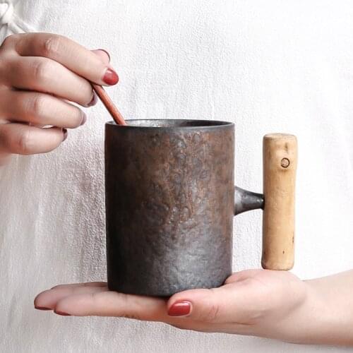 Vintage Ceramic Coffee Mug Tumbler Rust Glaze Tea Milk Beer Mug with Wood Handle Water Cup Home Office Drinkware