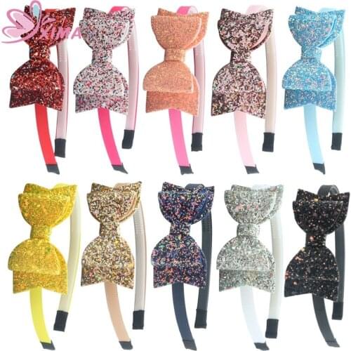 XIMA 10pcs/lot 3.5''Glitter Sequin Bow Hairband Shiny Bow Knot with Teeth Plastic Hairband Headband for Kids Hair Accessories