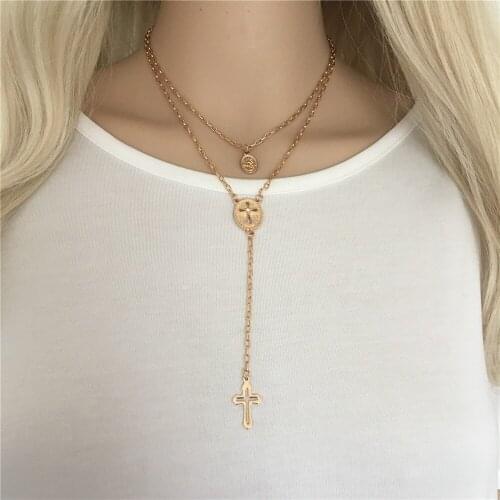 2020 Trend Gold Color Plating Cross Hollow Cross Oval Pendant Layered Y Necklace For Women Girl Accessory High Quality Girly