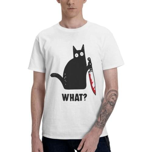 Funny Halloween Cat What T-shirt Mens Graphic T Shirt Short Sleeve 100% Cotton Murderous Cat With Knife Tshirt Urban Tees Tops