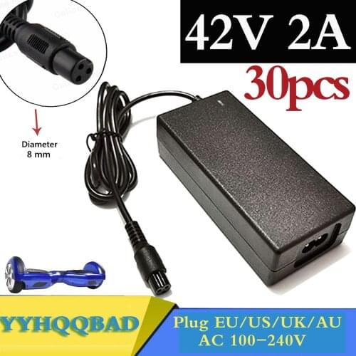 30 pcs 42V 2A Universal Battery Charger, 100-240VAC Power Supply for Self Balancing Scooter hoverboard charger UK/EU/US/AU Plug
