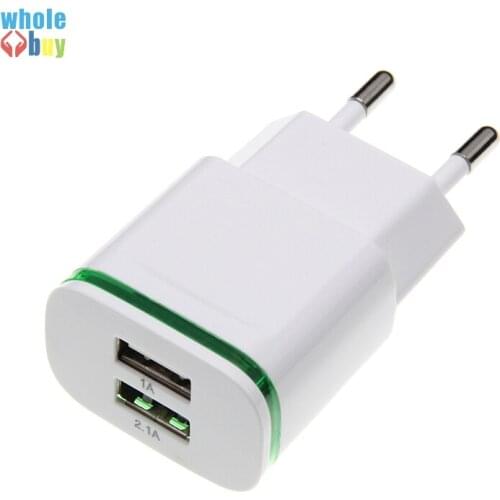100pcs/lot EU Plug 2usb 2 Ports LED Light USB Charger 5V 2A white Wall Adapter Mobile Phone Micro Data Charging