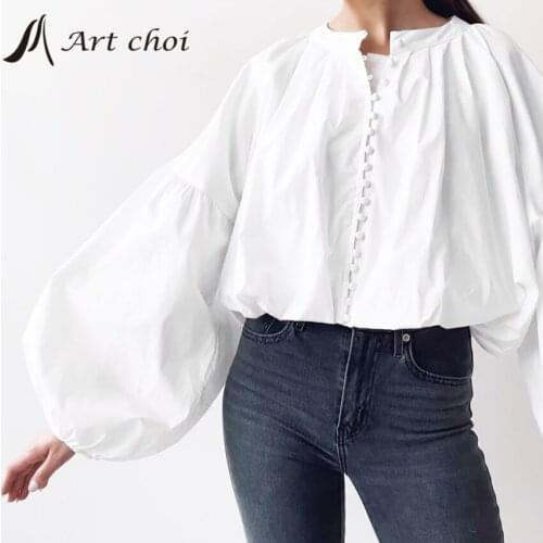 Women Fashion Shirt Spring Autumn Loose Tops White Elagant Blouse Lantern Sleeve Pure Cotton Female Work Office Ladies Shirts