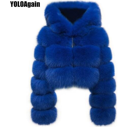 YOLOAgain Full Pelt Women Long Sleeve Hooded Short Real Fox Fur Jacket Coat