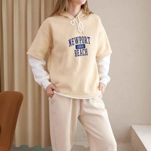 Fake Two Piece Top Color Block Hoodies Women Aesthetic Vintage Newport 1984 Summer Jacket Women Hip Hop Harajuku Long Sleeve