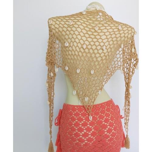 Women Triangle Shawl With Seashell Sexy Bikini Cover Up Sunscreen Nets Skirt Mesh Tunic Pareo Beachwear