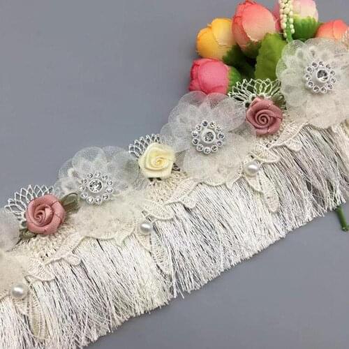 1 yard 65mm Apricot Fringe Tassel Mesh Lace Trim Diamond 3D Flower Embroidered Ribbon Fabric Sewing Craft Dress DIY Accessories