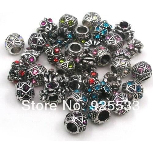 Free Shipping 50pcs mix color mix style antique crystal rhinestone big hole beads for European bracelet DIY