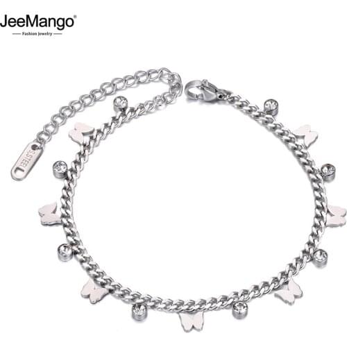JeeMango Stainless Steel Butterfly Charm Bracelets For Women Trendy Bohemia Beach CZ Crystal Bracelet Jewelry pulseras JB20169