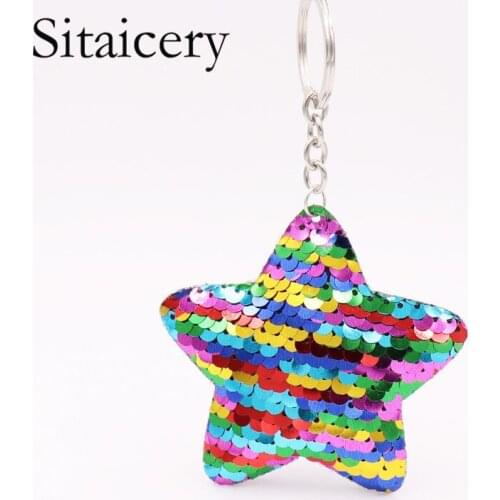Sitaicery Cute Star Key Chains Glitter Sequins Key Ring Christmas Gifts For Women Chain On Pants Bag Keys Accessories Trinket