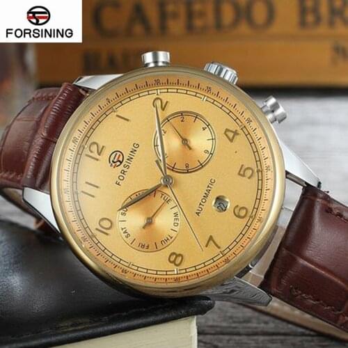 Top Brand Luxury Forsining Classic Calendar White Fashion Silver Dial Genuine Leather Roman Number Display Mens Automatic Watch