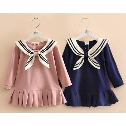 Baby Girls Navy Wind Dress Spring Fall New Little Kids Cute Pleated Dresses Clothes Preppy Style Long Sleeve Princess Dress B214