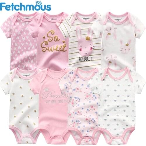 Baby Girl Clothes Pink Sweet Newborn Boy Jumpsuit Set 8Pcs 2021 Summer Short Sleeve Infant Bodysuit Cartoon ropa bebe Clothing